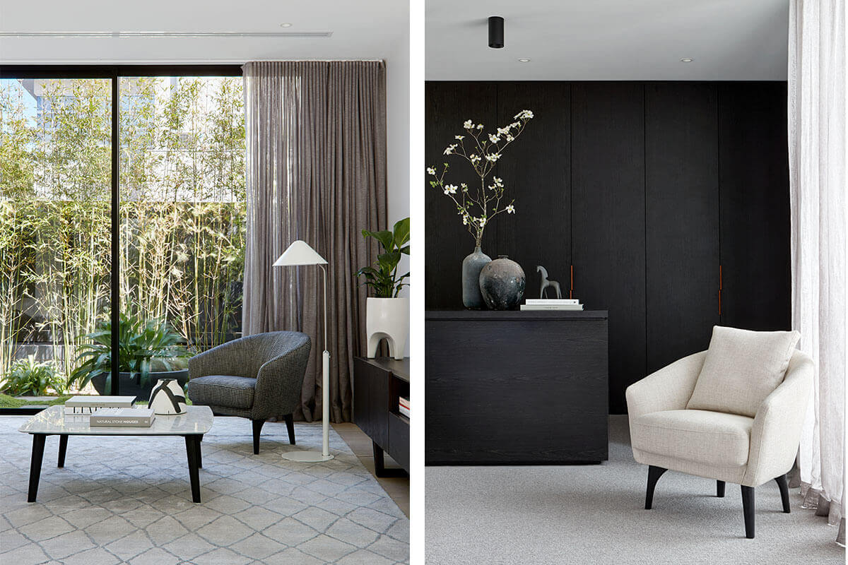 Two side-by-side images showcase the King Boulevard Armchair, styled for reading and relaxation in monochromatic, contemporary living spaces.