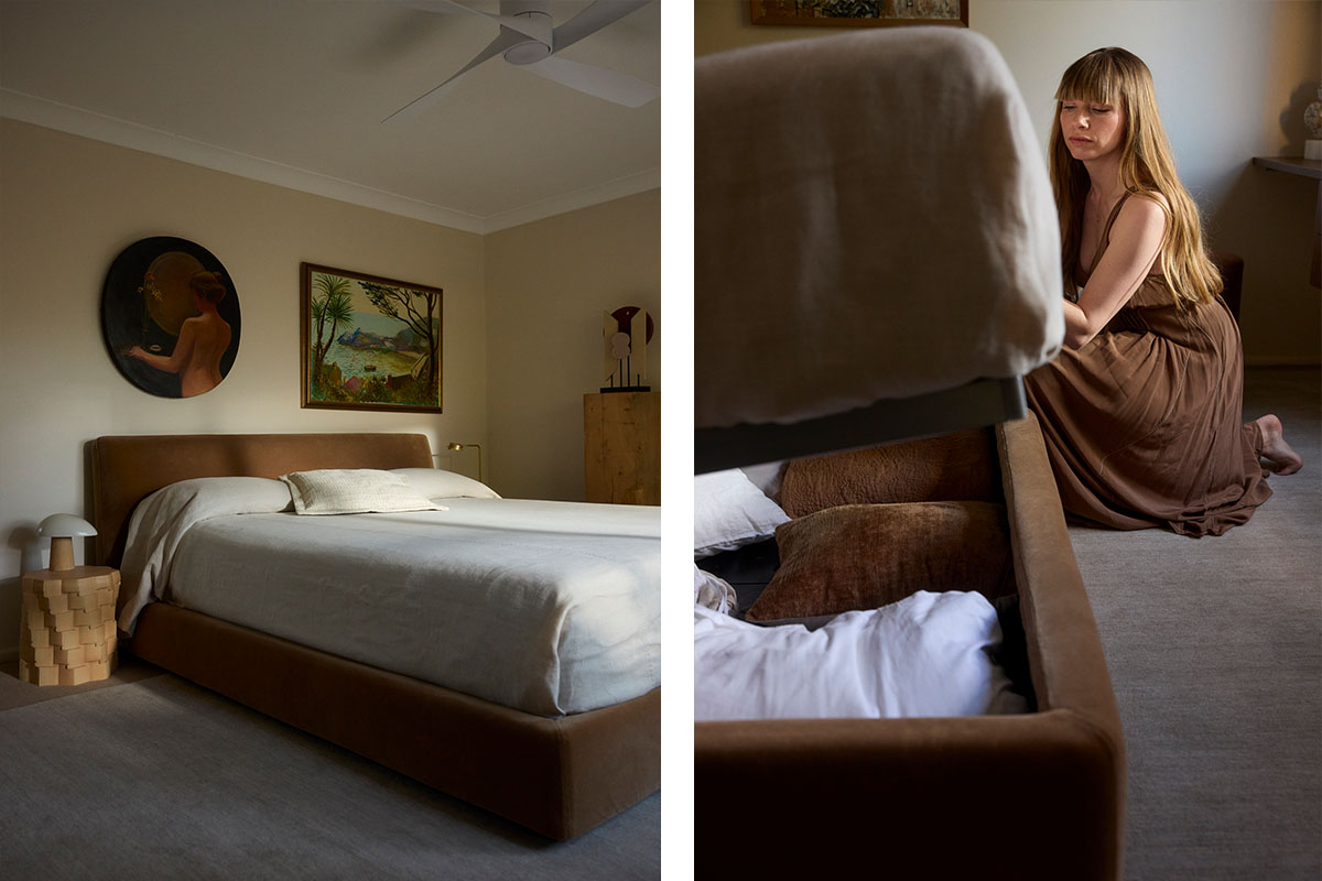 A neatly made bed in a small apartment bedroom, styled for calm, functional family living.