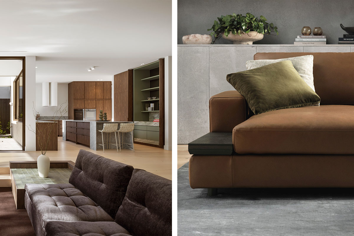 Two chocolate brown sofas, one fabric, one leather, styled in earthy living rooms with green and sage décor and cushions.