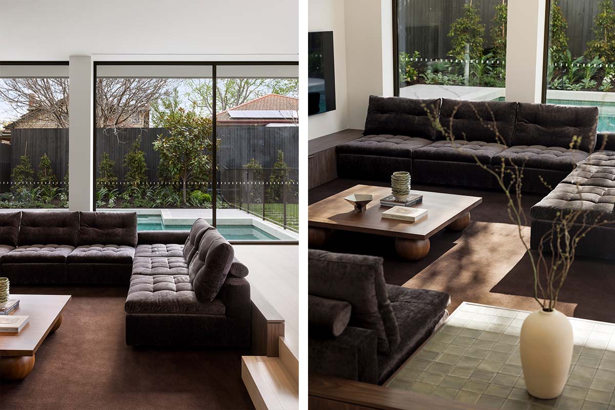 A contemporary conversation pit setting featuring a modular L-shape sofa styled in a rich velvet chocolate brown fabric.
