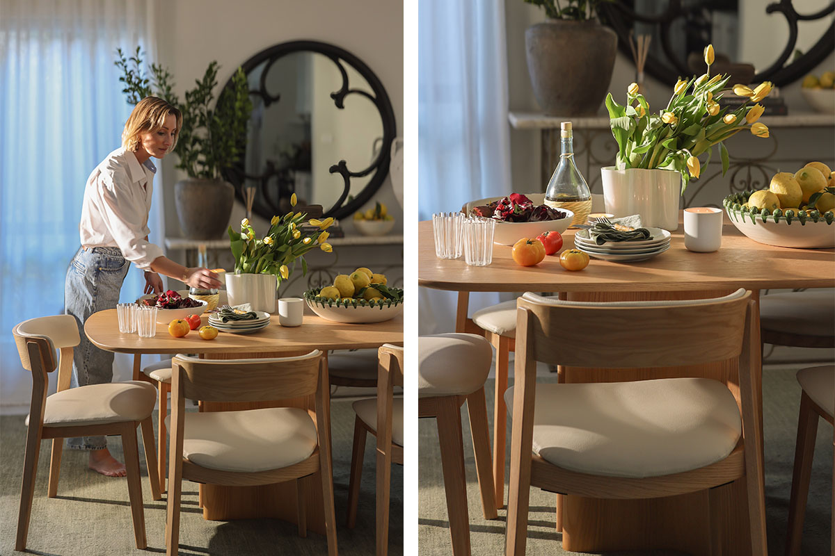 Spring aesthetic dining room styled with yellow tulips, fresh produce and a light natural oak dining table.