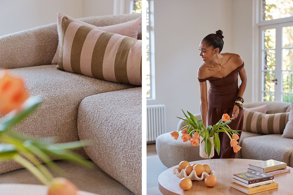 Close-up shots of the Aura Sofa in a soft Lennox Camel bouclé fabric (left) and Mariah styling a timber coffee table with colourful florals (right).