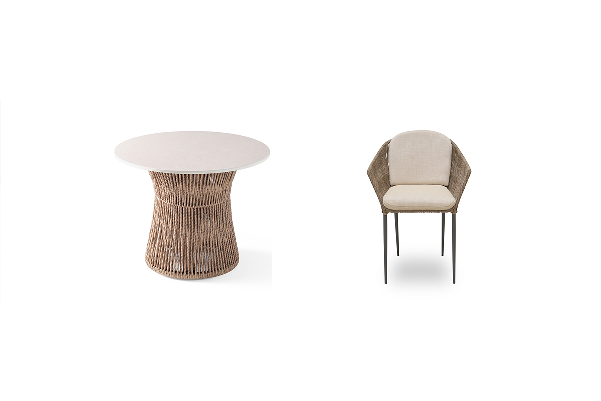 The Oasis Outdoor Dining Table and the Quay Outdoor Dining Chairs.