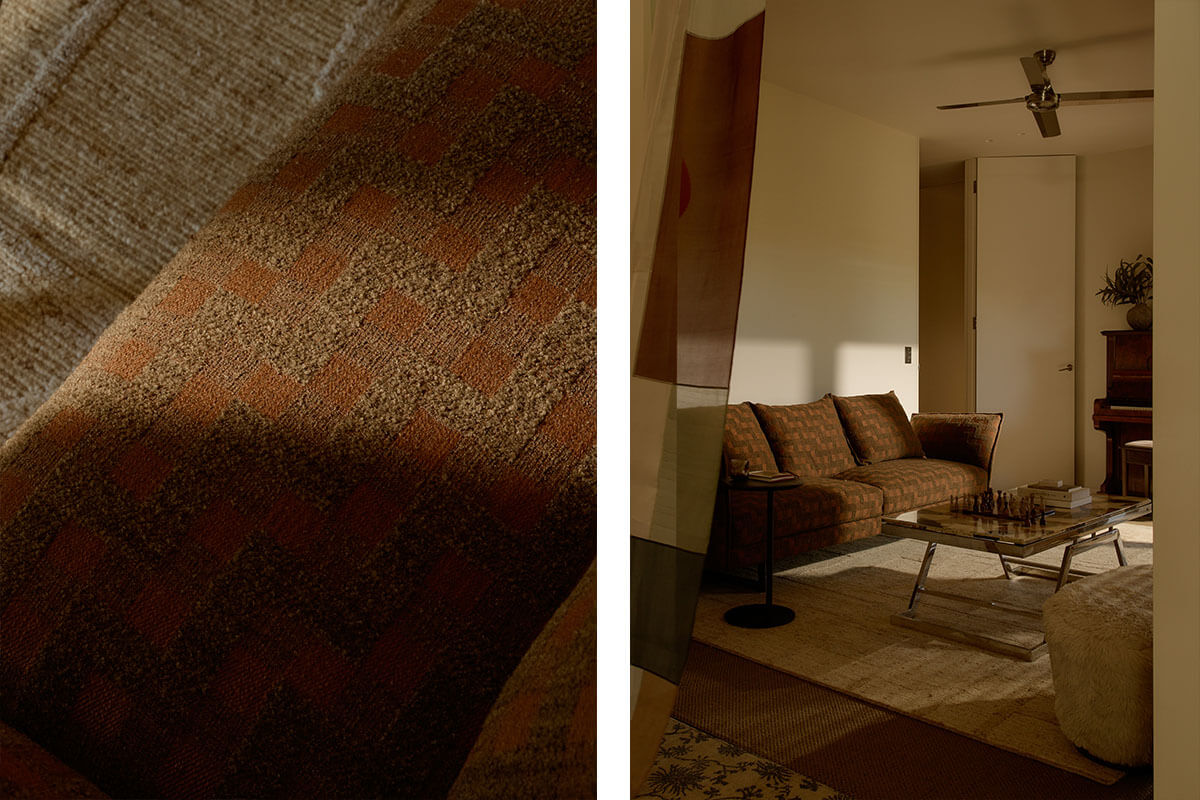 Rust woven sofas in a timber living room with views (above). Close-up rust patterned fabric and matching sofa (below).